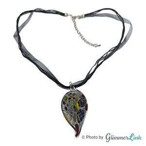 Multicolor Floral Foiled Glass Leaf Pendant Organza Cord Black Necklace